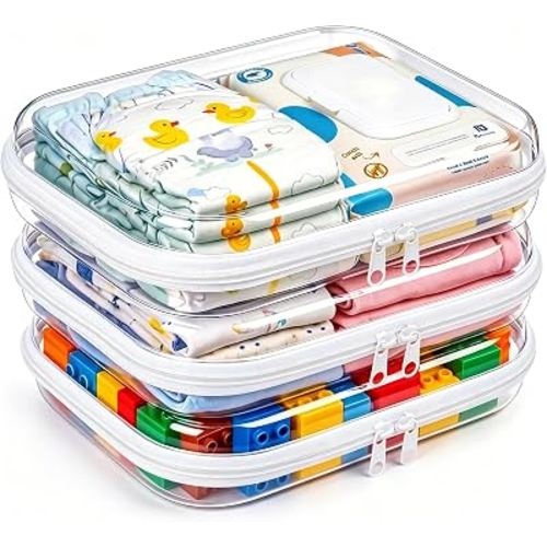 3 Pack Diaper Bag Organizer Pouches, Clear Hard Shell Zipper Cases for Travel, Makeup Bag, Toiletry Bag, Toy Storage Bins, Waterproof Storage Box for Pacifier Snacks Wipes Clothes Baby Essentials