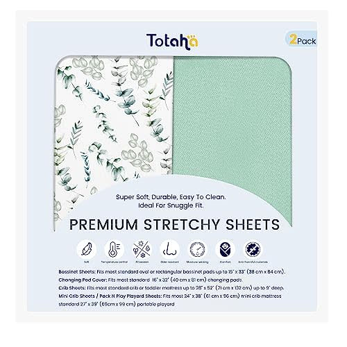 TotAha Botanical Pack and Play Sheets Fitted, Compatible with Graco Pack N Play Playard Crib, Babyletto, Dream on Me, Baby Trend, and Other Playpen Mattress, Premium Soft Mini Crib Sheets, 2 Pack