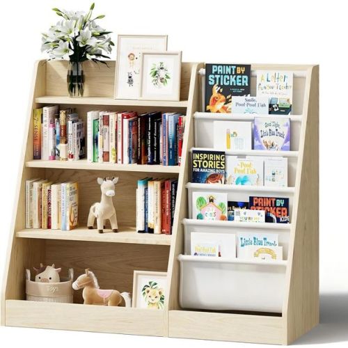 Vynxaria Bookshelf Series 24 in. Wide 3 / 4 Shelf Kids Bookcase with Side Pockets for Nurseries Playrooms and Classrooms