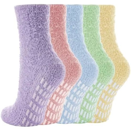 5 Pairs Fuzzy Socks with Grips for Women, Non Slip Cozy Fluffy Soft Socks, Winter Sleep Slipper Hospital