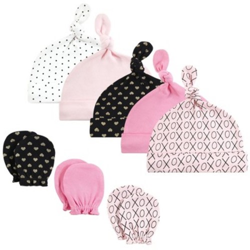 Hudson Baby Infant Girl Cotton Cap and Scratch Mitten Set, Xoxo, 0-6 Months