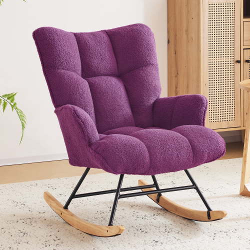 SAETSFEG Rocking Chair Nursery Teddy Upholstered Glider Rocker Rocking Accent Chair Padded Seat with High Backrest Armchair Comfy Side Chair for Living Room, Bedroom, Purple