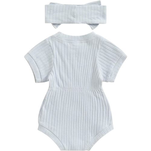 FOCUSNORM Baby Girl Summer Clothes Ribbed Short Sleeve Romper Solid Color Bodysuits Bow Headband Outfit Newborn Girl Jumpsuit