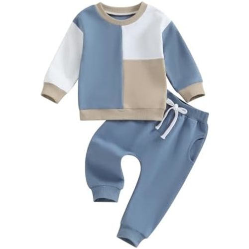 Toddler Baby Boy Fall Outfit Contrast Color Sweatshirt Tops with Elastic Waist Pants Cute Infant Newborn Winter Clothes