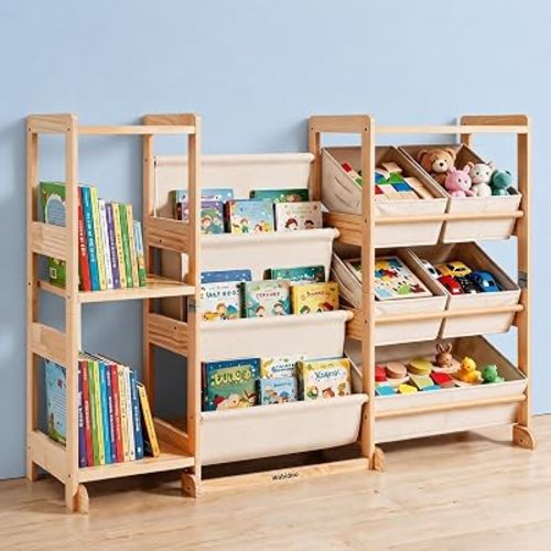 Kids Bookshelf and Toy Storage Organizer with Bins, Toy Organizer