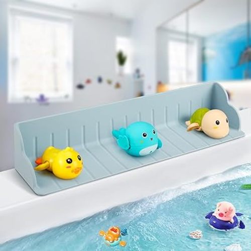 2Pack Bathtub Splash Guard for Tub, Silicone Bathtub Caddy Tray with Play Shelf, Kids Bath Tub Shelf and Organizer for Baby Bath Toys, Bath Toy Holder, Toddler Bathtub Accessories(Classic Blue)