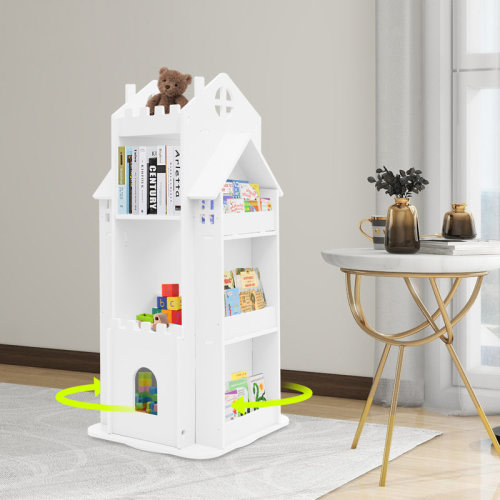 Trinx Castle Shaped 360° Rotating Kids Bookshelf Free Standing Revolving Children Bookcase Blue&White Space-Saving Storage Organizer for Playroom Kids Bedroom | Wayfair