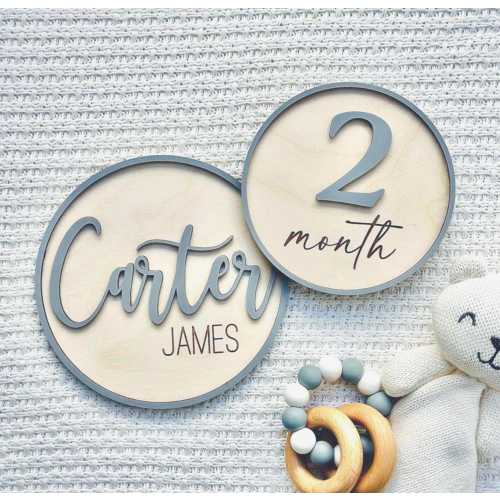Baby Monthly Milestone Set + Name Sign | Wooden 1–12 Monthly Discs | Interchangeable Numbers