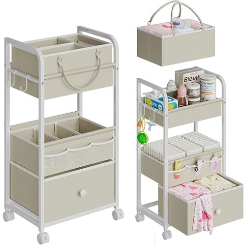 2In1 Baby Diaper Caddy Organizer and Storage, 3 Tier Rolling Cart with Drawer, Detachable Dividers, Mobile Utility Cart Baby Dresser Clothes Organizer for Crib, Bedroom, Art & Craft Storage