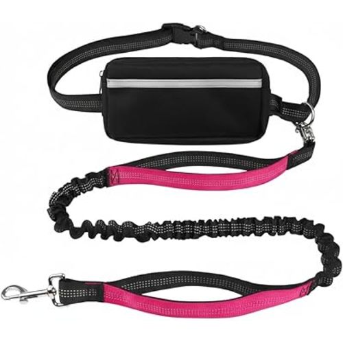 Hands Free Dog Leash with Waist Belt & Large Zipper Pouch, Waist Leash for Dog Walking, Running & Hiking, Reflective Stitching & Dual Padded Handles, Ideal for Medium to Large Dogs (25–125 lbs)