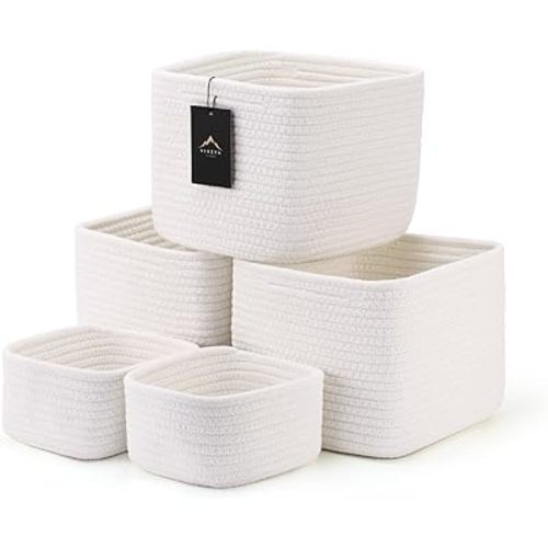 5-Pack Storage Cubes Woven Rope Baskets - 2 Sizes Organizer Bins for Closet, Shelf, Bookshelf, Nursery, Changing Table, Cube Storage Bins, Storage Baskets for Bathroom Toy & Home