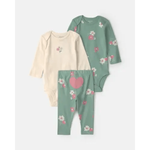 Baby Girl 3-Piece Heart Floral Long-Sleeve Bodysuit & Pant Set - Green/Cream | Carter's