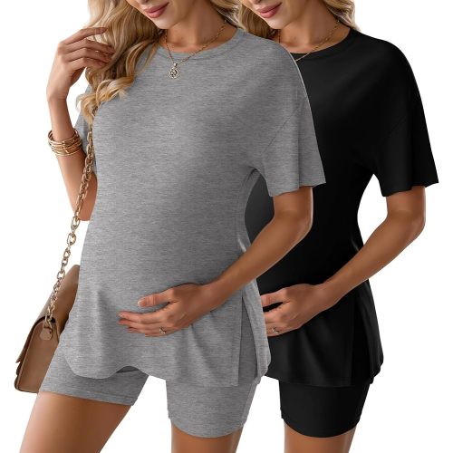 4 Pcs Women's Maternity Pajamas Sets Lounge Pregnancy PJS Outfits Side Slit Short Sleeve Shirts Loungewear Shorts