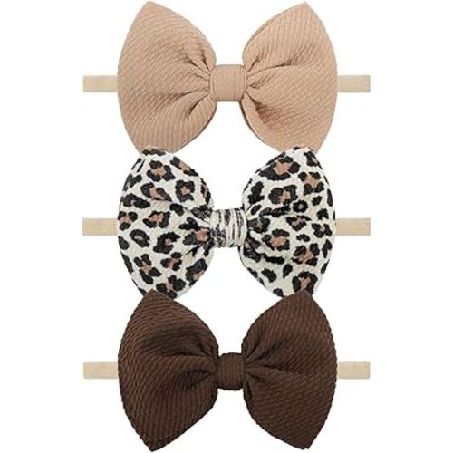 YanJie 3 Pcs Baby Girl Bows Leopard Print Headbands for Girls 4.5’’ Brown Bow Toddler Hair Accessories Newborn Infant Baby Hair Wrap