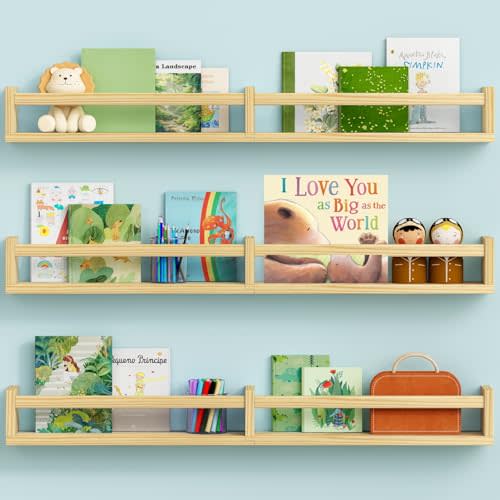 Harwaya Floating Nursery Book Shelves for Wall, 32 Inch Long Bookshelf for Kids Room, Wooden Large Wall Shelf with Hanging Rod for Baby Toddler Child Bedroom (3-Pack, Natural Wood)