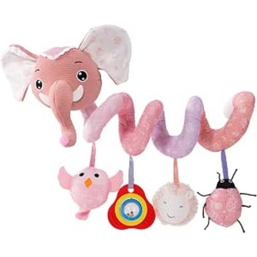 Jollybaby Crib Stroller Car Seat Toys for Baby 0-3-6-9-12 Months, Tummy Time Hanging Sensory Toys for Newborn with Music Box and Teether, Spiral Carseat Toy for Boys Girls Gifts (11-Sz Pink Elephant)