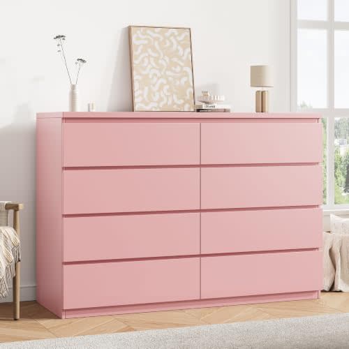 Jocoevol Pink 8 Drawer Dresser for Bedroom (15.3" D x 55.2" W x 32.3" H) | Modern Handleless Drawers, Wood Storage Dresser with Anti-Tipping ,A wider vanity top,Made of MDF