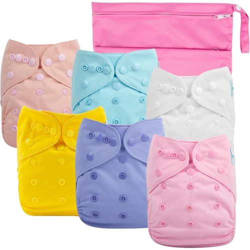 babygoal Cloth Diaper Covers 6 Pack with Wet Bag for Fitted Diapers and Prefolds with Double Gussets, Adjustable and Reusable for Baby Girls 6DCF07