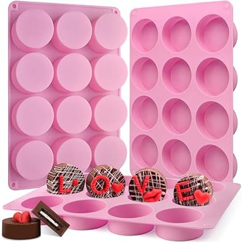 Actvty Round Chocolate Cookie Molds, 3 Pieces 12-Cavity Cylinder Chocolate Silicone Molds for Covered Oreo, Cookies Candy Jelly Mini Cakes and Muffin Baking(Pink)