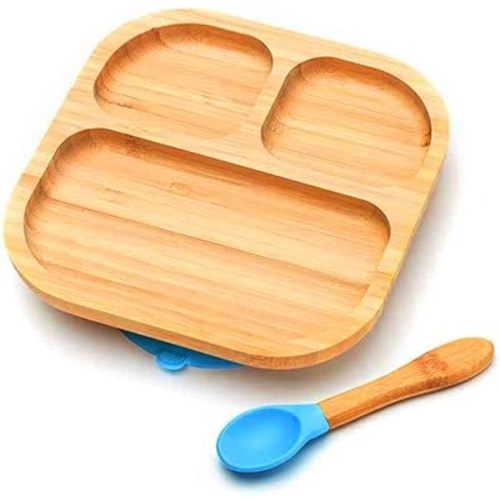 Baby Toddler Stay Put Dish, Kids Suction Plate, Bamboo Cute Dinnerware (Blue)