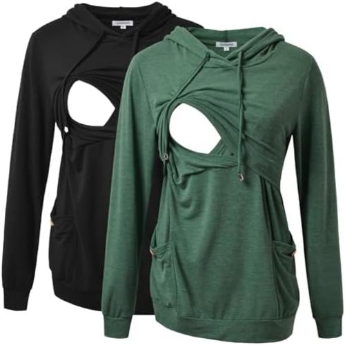 Womens Nursing Hoodie Top Sweatshirt Long Sleeve Button Decoration Pockets Shirts Tunic Top