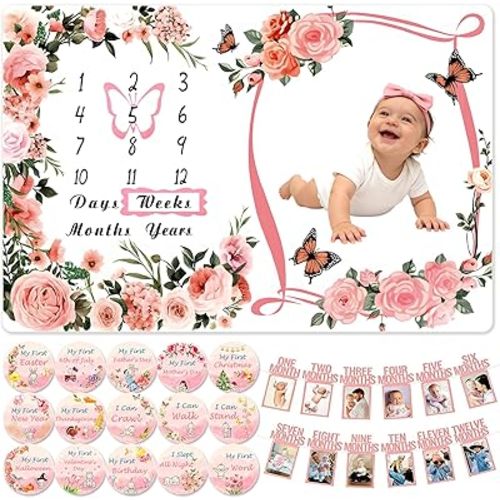 Baby Monthly Milestone Blanket 60"x40", 1-12 Months Growth Chart with 12 Photo Banners & 8 Double-Sided Milestone Cards(16 Markers), Newborn Photography Backdrop Baby Keepsake Photo Prop Baby Girl