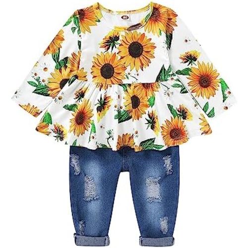 Saeaby Baby Girl Clothes Toddler Girl Fall Winter Outfits Ruffle Shirt Denim Jeans Pants Girls Clothing Set