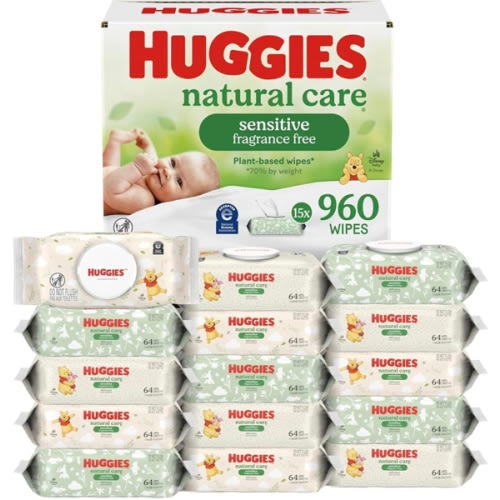 Huggies Natural Care Sensitive Baby Wipes, Unscented, Hypoallergenic, 99% Purified Water, 15 Flip-Top Packs (960 Wipes Total)