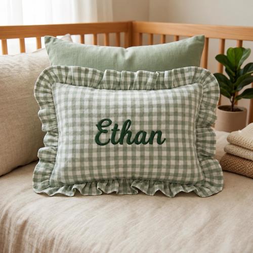 Personalized Gingham Linen Pillow Cover, Custom Embroidered Farmhouse Cushion, Checkered Throw Pillow, Cottagecore Home Decor