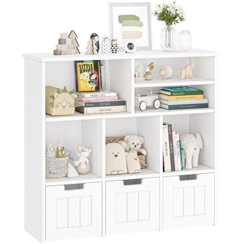 GustoWave Kids Bookshelf Toy Storage Cabinet with 3 Movable Drawers and 6 Storage Cubbies for Bedroom, Playroom, Nursery, White