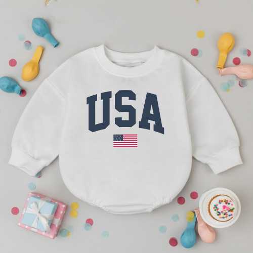 USA Baby Romper, Patriotic 4th of July Outfit with American Flag