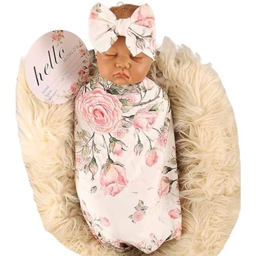 Galabloomer Receiving Blanket Headband Set Flower Print Baby Swaddle Receiving Blankets (white vintage flower)