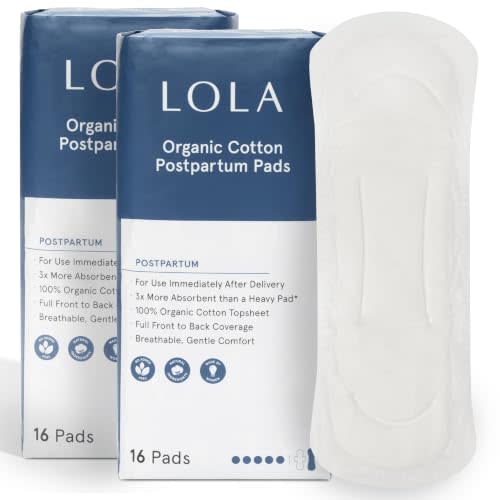 LOLA Organic Cotton Postpartum Pads, 32 Count, Unscented | Max Absorbency, Extra-Long Overnight Liners, For Women, Hospital Bag Essentials