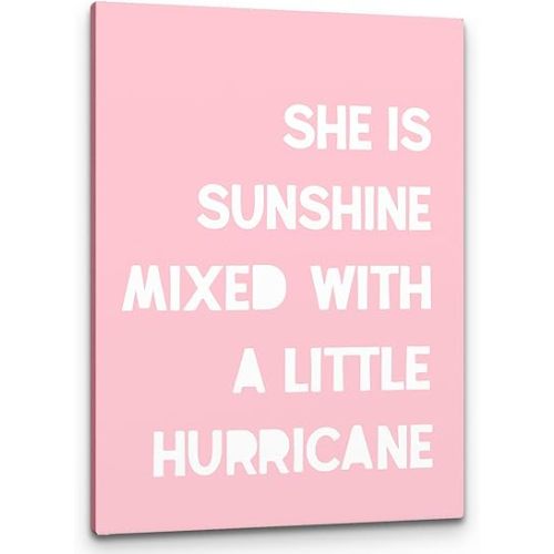 PHAMTE Girls Bedroom Wall Decor,She Is Sunshine Mixed With a Little Hurricane Girls Room Wall Art,Sunshine Print Framed Canvas Painting Artwork Girl Room Bedroom Home Nursery Playroom(11x14 Inch)（Pink）