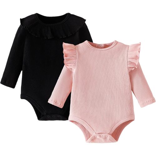 ROMPERINBOX Baby Girl Bodysuit 2 Pack, Long Sleeve Ribbed Knitted Onsies Ruffle Collar and Flutter Sleeve Fall Winter Clothes