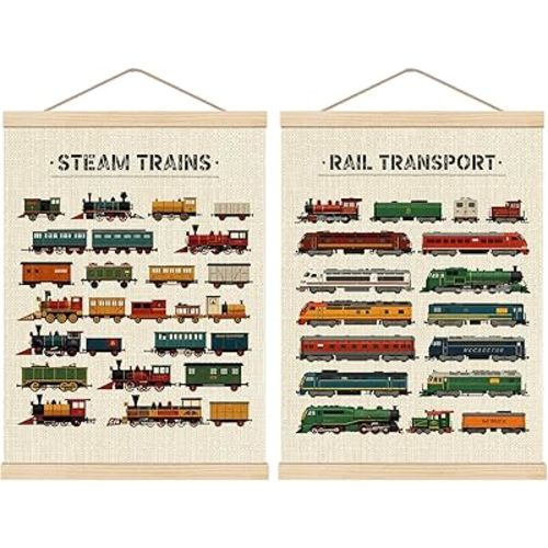 HKTZM Steam Trains Wooden Poster Hanger Frame 12.5×17 Inch,Vintage Train Locomotives Rail Transport Hanging Wall Poster For Toddler Boy Room Playroom Nursery,Set Of 2