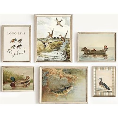 Vintage Nursery Wall art Fishing water bird Baby Boy Room Wall Decor Rustic Farmhouse Animal Mallards Marsh Landscape Poster Print Artwork for Children's Room Bedroom Home Decoration Unframe