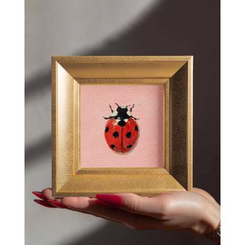 Small Lucky Ladybug Oil Painting, Original Hand Painted Insect, Mini Framed Art, 5.9'' Gold Frame Artwork, Gift for Friends, Wall Decor