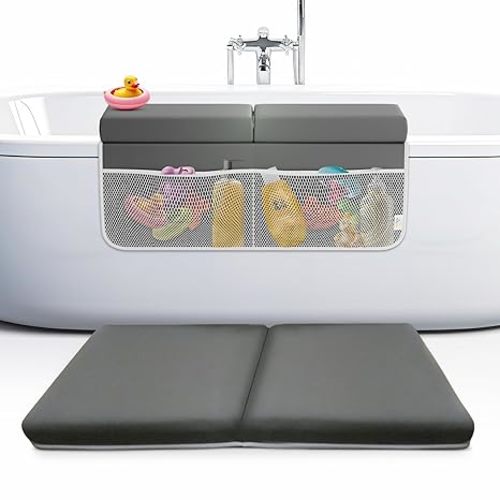 Baby Bath Kneeler and Elbow Rest Pad Set, 2-Inch Thick, Memory Foam, Water-Resistant Mat – Bath Time Essentials Cushion and Bath Kneeling Pad for Bathing Baby with Bathtub Toy Organizer.