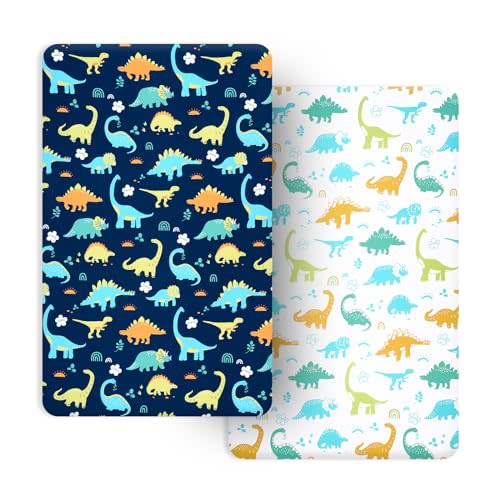 PHF Soft Mini Crib Sheet Set, 2 Pack Silky Comfy Pack N Play Sheets for Boys Girls, Universal Fit for Pack N Play, Playard and Mini Crib Mattresses, Dinosaur