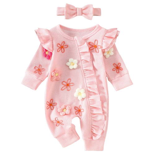 Karoyedx Baby Girl Outfits Newborn Baby Girl Coming Home Outfit Ruffle Romper Cute Ribbed Knit Jumpsuit Winter Clothes and Headband Pink Size,3-6 Months