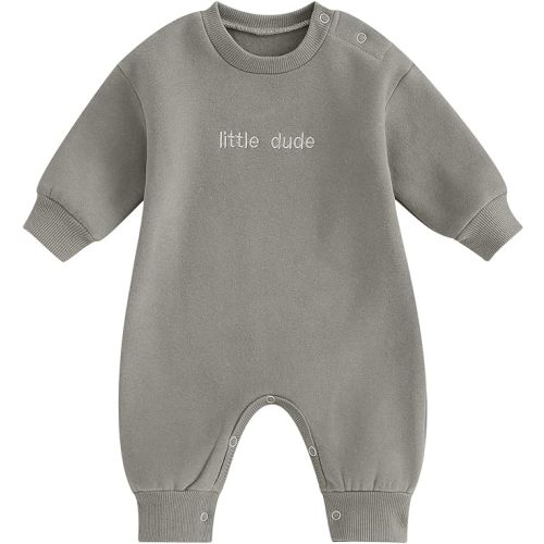 allshope Newborn Baby Boy Fall Outfit Romper Little Dude Embroidery Long Sleeve Jumpsuit Bodysuit Infant Winter Clothes