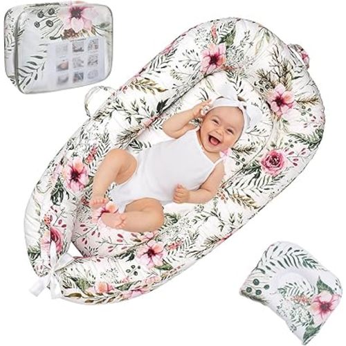 Nest Sleeper Pillow with Cotton Cover, Soft Lounger Pillow Snugly Fit Infant Lounger for Baby Infant Removable Slipcover-Big Flower