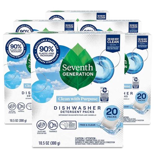 Seventh Generation Dishwasher Detergent Packs Free & Clear Pack of 6 for sparkling dishes Dishwasher tabs, 20 count