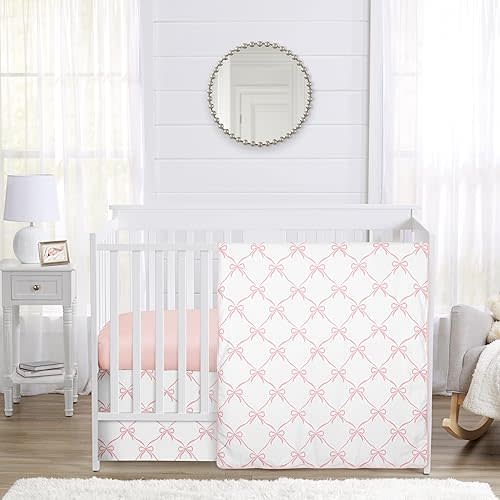 Sweet Jojo Designs 3-Piece Baby Crib Bedding Set (Pink Bows) for Girls, Infants/Nursery incl. Blanket, Fitted Sheet and Crib Skirt (Blush and White, Bow, Ballerina, Ballet Dancer, Princess Collection)