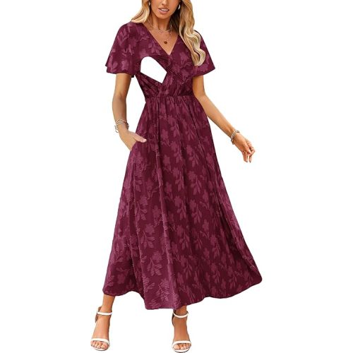 Women's Nursing Boho Floral Dress Flowy Casual V Neck Short Sleeve Wedding Guest with Pockets