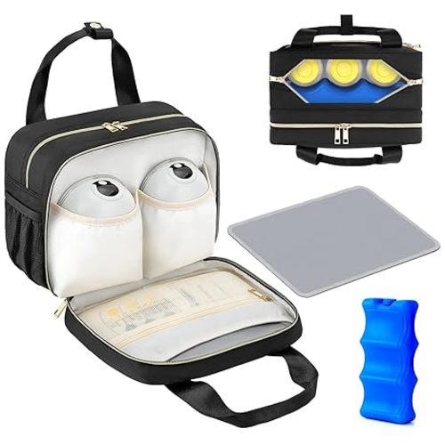 PIIOSER Breastmilk Cooler Travel Bag with Ice Pack, Compatible with Wearable Breast Pumps & Accessories - Portable Hands Free Breast Pump Carrying Case for Nursing & Working Moms, Black