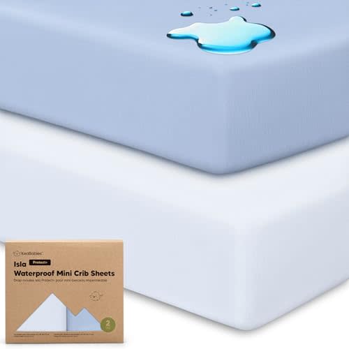 2-Pack Waterproof Pack and Play Sheets, Mini Crib Sheets Fitted for Boy, Girl - 38 x 26 Viscose from Bamboo Pack N Play Mattress Sheets for Graco, Toddler Playard Baby Crib Sheets Neutral (Blue Flax)