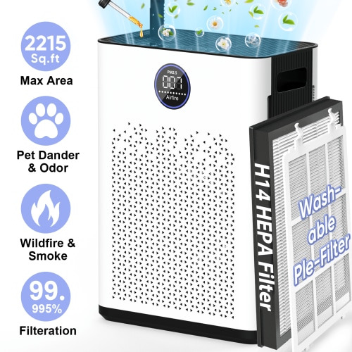 AIRFIRE HEPA Air Purifier for Allergies and Asthma, 2400 Sq.ft, Washable Pre-Filter, Auto Mode, White Black