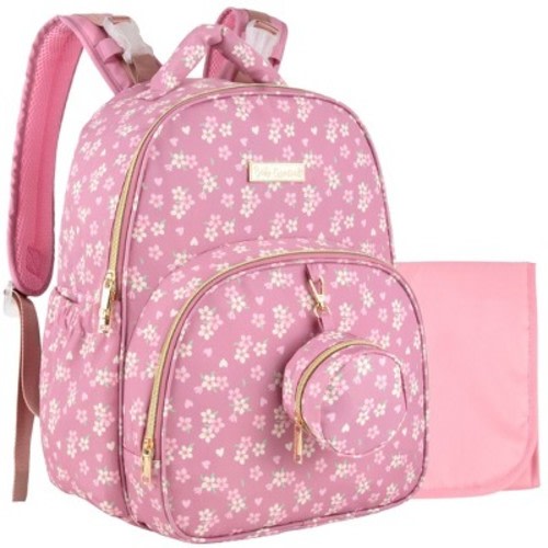 Baby Essentials 3 in 1 Diaper Bag Backpack, Changing Pad & Pacifier Pouch for Newborns - Floral, Smooth, Sheek, Padded in Design, Pink Floral
